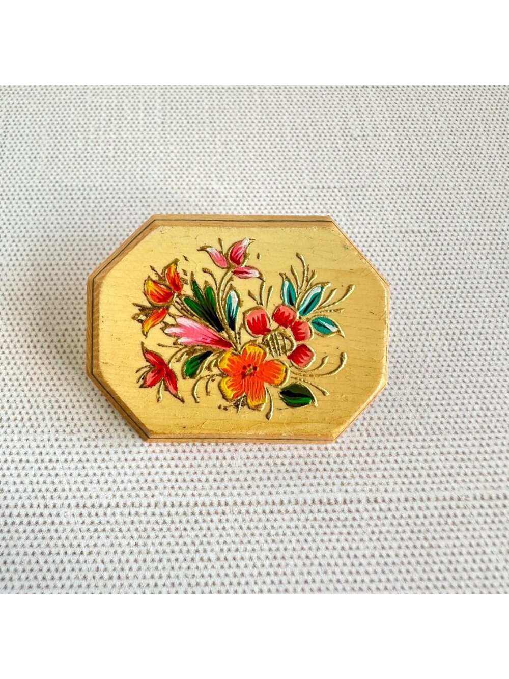 Vintage Hand-Painted Wood Floral Brooch Folk Art Octagonal Bouquet Pin